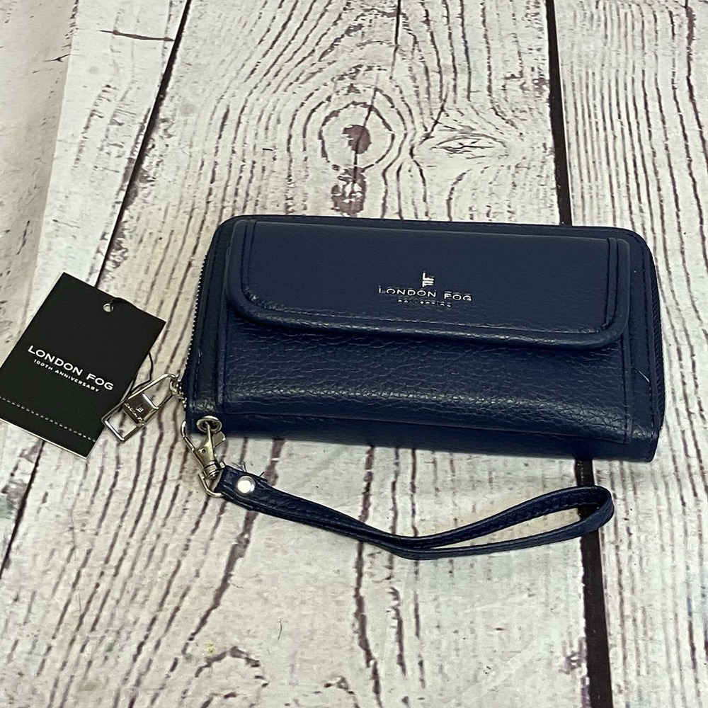 London Fog Collection Fiona Pebble Long‎ Zip Around Front Flap Wallet Navy Blue
